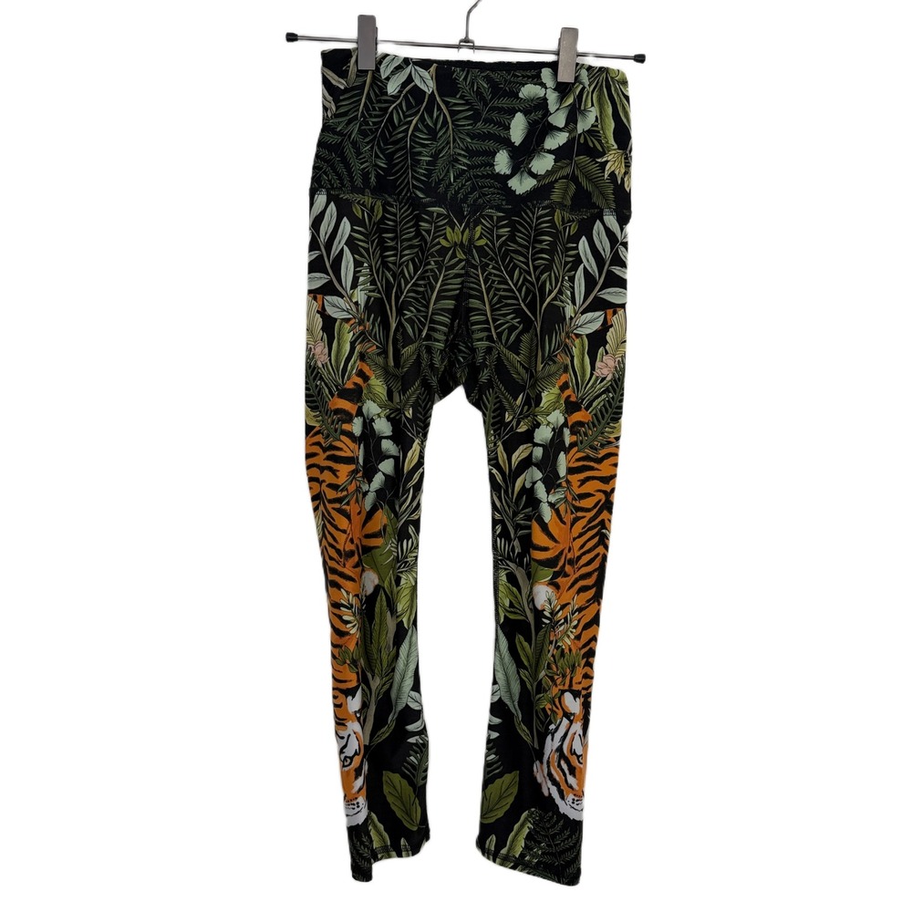 Yoga Democracy Leggings Womens XS Black Green Tiger Jungle Botanical Print Capri